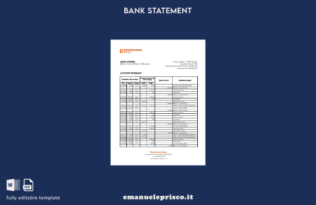 Modello Excel di estratto conto bancario Montenegro Hipotekarna in stile verific